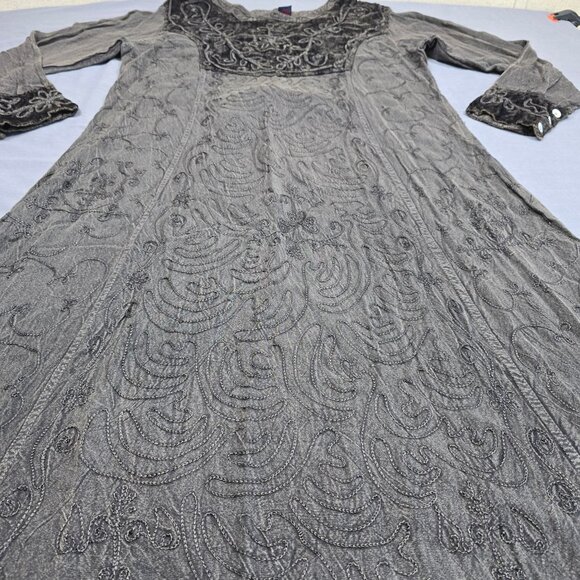 Sacred Thread Gray Embroidered Long Sleeve Maxi Dress Free Size Boho Velvet - Picture 4 of 7
